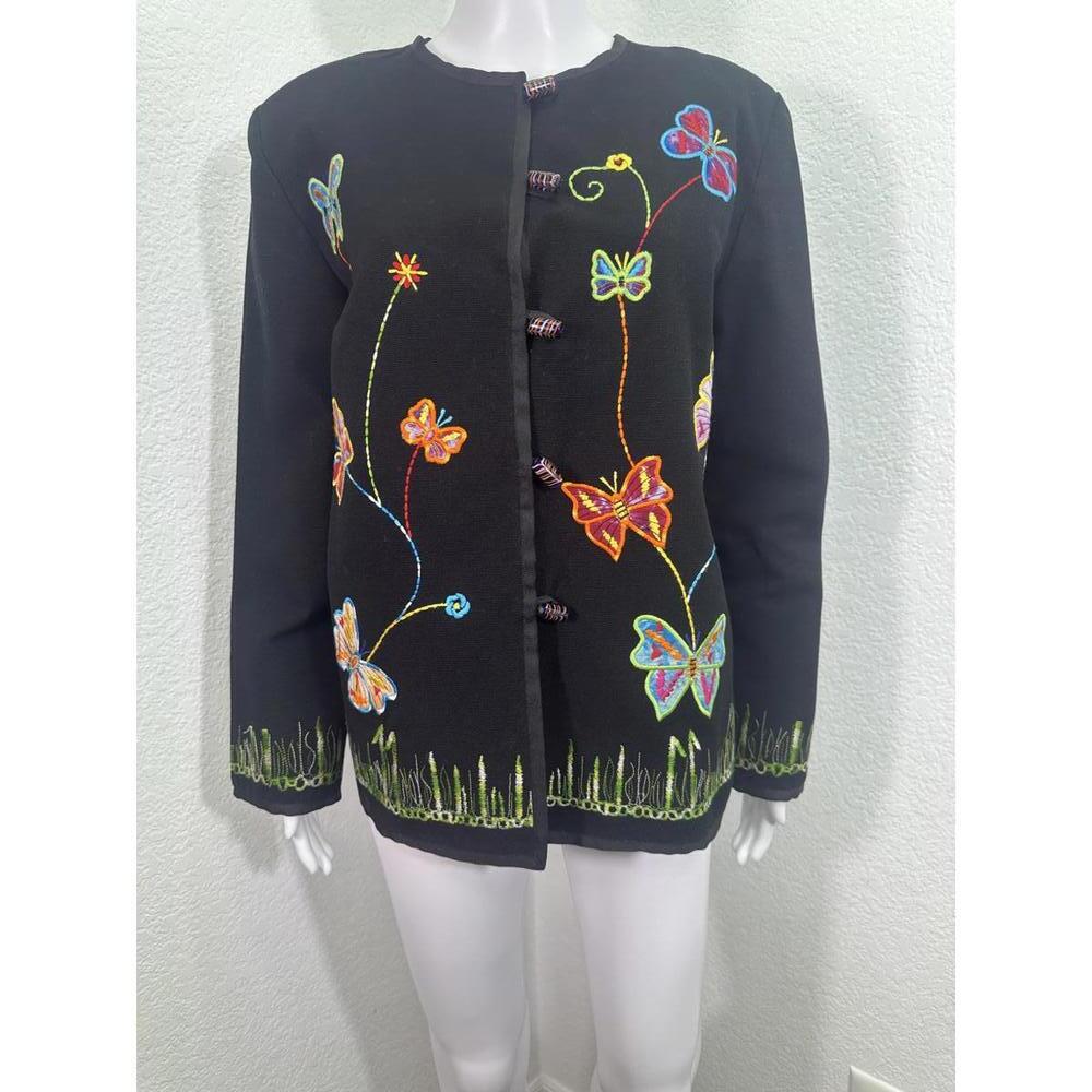 VTG Sz S Julia Kim Embroidered Black Jacket Butterflies Art Glass Buttons